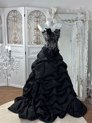 Elegant Black Prom Dress Two-Piece Satin Strapless Evening Dress A-Line Birthday Dress DP05161
