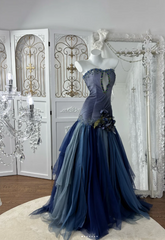 Elegant Navy Blue Prom Dress Chiffon Strapless Evening Dress A-Line Birthday Dress DP05163