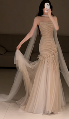 Elegant Champagne Prom Dress Tulle Strapless Evening Dress Sheath Birthday Dress DP05166