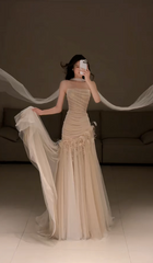 Elegant Champagne Prom Dress Tulle Strapless Evening Dress Sheath Birthday Dress DP05166