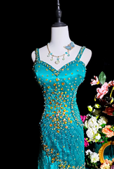 Chic Blue Prom Dress Beaded Tulle Evening Dress Sheath Birthday Dress DP05173