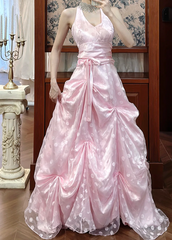 Chic Pink Prom Dress Halter Tulle Evening Dress A-Line Birthday Dress DP05176