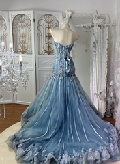 Chic Gray Blue Prom Dress Tulle  Sweetheart Evening Dress Sheath Birthday Dress DP05178