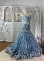Chic Gray Blue Prom Dress Tulle  Sweetheart Evening Dress Sheath Birthday Dress DP05178
