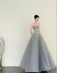Chic Gray Prom Dress Tulle Strapless Evening Dress A-line Birthday Dress DP05181