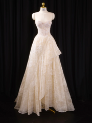 Chic Champagne Prom Dress Lace Strapless Evening Dress A-line Birthday Dress DP05184