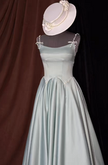 Chic Morandi Blue Prom Dress Satin Spaghetti Straps Evening Dress A-Line Birthday Dress DP05190