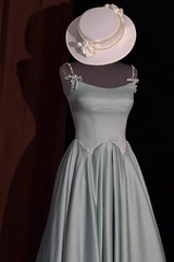 Chic Morandi Blue Prom Dress Satin Spaghetti Straps Evening Dress A-Line Birthday Dress DP05190