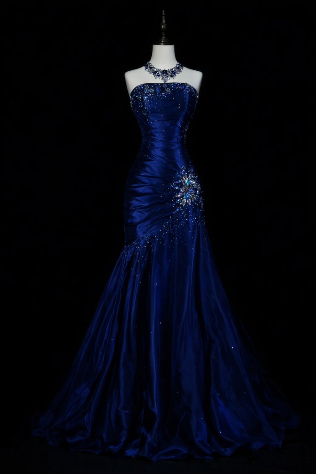 Chic Navy Blue Prom Dress Satin Sheath Strapless Evening Dress  DP05201