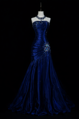 Chic Navy Blue Prom Dress Satin Sheath Strapless Evening Dress  DP05201