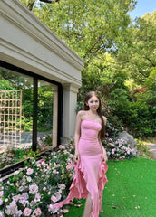 Chic Pink Prom Dress Sheath Strapless Evening Dress Sleeveless Birthday Dress DP05204