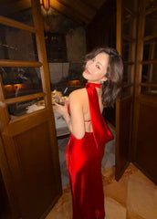 Chic Burgundy Prom Dress Satin Sheath Halter Evening Dress Sleeveless Birthday Dress DP05206