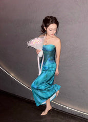 Chic Blue Prom Dress Satin Sheath Strapless Evening Dress Sleeveless Birthday Dress DP05207