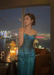 Chic Blue Prom Dress Satin Sheath Strapless Evening Dress Sleeveless Birthday Dress DP05207