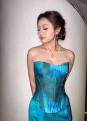 Chic Blue Prom Dress Satin Sheath Strapless Evening Dress Sleeveless Birthday Dress DP05207