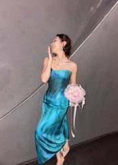 Chic Blue Prom Dress Satin Sheath Strapless Evening Dress Sleeveless Birthday Dress DP05207