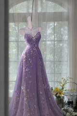 Chic Lavender Prom Dress Beaded Tulle A-Line Spaghetti Straps Evening Dress Sleeveless Birthday Dress DP05209
