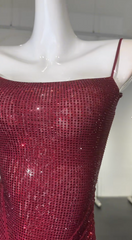 Chic Burgundy Prom Dress Sequins Sheath Spaghetti Straps Evening Dress Sleeveless Birthday Dress DP05215