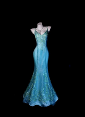 Chic Blue Prom Dress Satin Mermaid Spaghetti Straps Evening Dress Sleeveless Birthday Dress DP05218