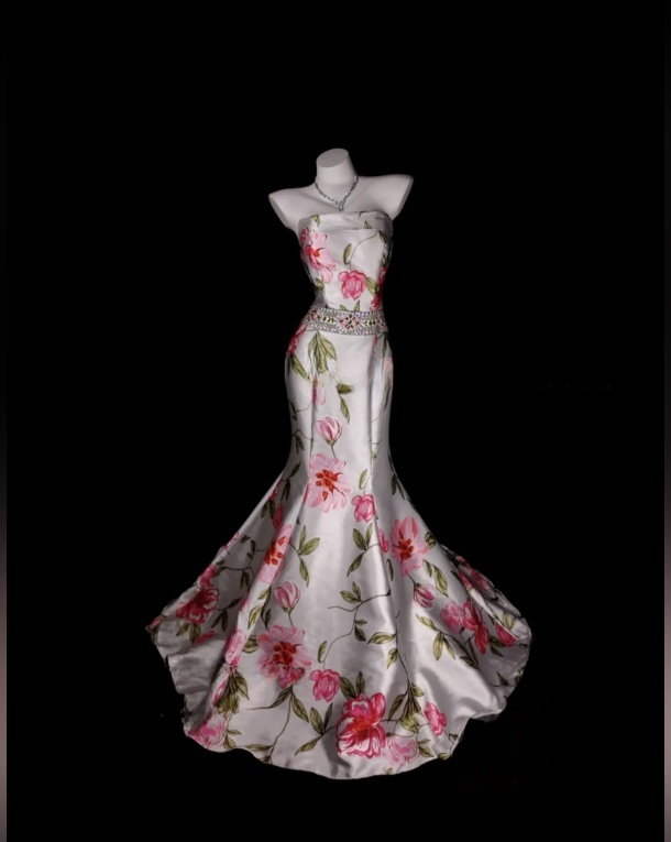 Chic Strapless Prom Dress Satin Printed Mermaid Evening Dress Sleeveless Birthday Dress DP05226
