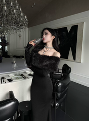 Chic Black Prom Dress Satin Mermaid Off-shoulder Evening Dress Sleeves Birthday Dress DP05228