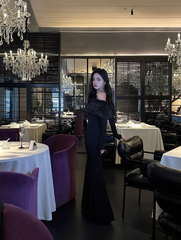 Chic Black Prom Dress Satin Mermaid Off-shoulder Evening Dress Sleeves Birthday Dress DP05228
