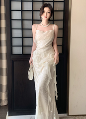 Chic Apricot Prom Dress Lace Sequins Sheath Spaghetti Straps Evening Dress Sleeveless Birthday Dress DP05229