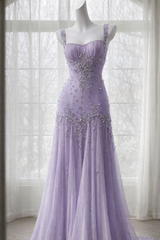 Classy Purple Prom Dress Beaded Tulle Straps Sheath Evening Dress Sleeveless Birthday Dress DP05231