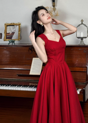 Chic Burgundy Prom Dress Satin Straps A-Line Evening Dress Sleeveless Birthday Dress DP05242
