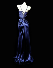 Chic Navy Blue Prom Dress Satin Spaghetti Straps Sheath Evening Dress Sleeveless Birthday Dress DP05247