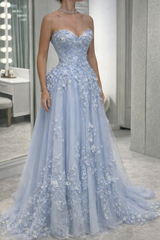 Elegant Blue Prom Dress Sweetheart Applique Tulle Evening A-Line Birthday Dress DP05256