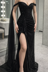 Elegant Black Prom Dress Sequins Off-shoulder Sheath Evening Sleeveless Birthday Dress DP05258