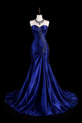 Elegant Navy Blue Prom Dress Satin Sweetheart Mermaid Evening Sleeveless Birthday Dress DP05260