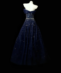 Chic Navy Blue Prom Dress Tulle  Off-shoulder A-Line Long Evening Dress DP05267