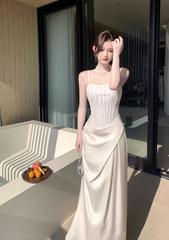 Chic White Prom Dress Satin Spaghetti Straps Sheath Long Evening Dress DP05269