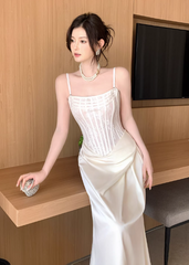 Chic White Prom Dress Satin Spaghetti Straps Sheath Long Evening Dress DP05269