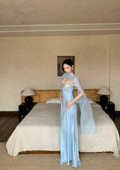 Elegant Blue Prom Dress Straps Satin Sheath  Long Evening Dress DP05282