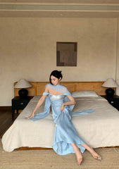 Elegant Blue Prom Dress Straps Satin Sheath  Long Evening Dress DP05282
