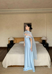 Elegant Blue Prom Dress Straps Satin Sheath  Long Evening Dress DP05282