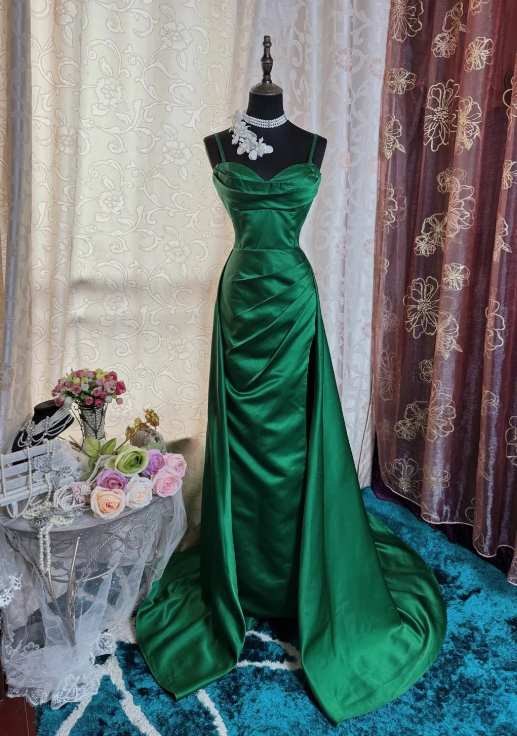 Elegant Green Prom Dress Spaghetti Straps Satin Sheath Long Evening Dress DP05283