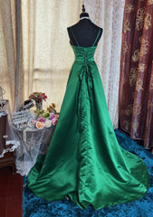 Elegant Green Prom Dress Spaghetti Straps Satin Sheath Long Evening Dress DP05283