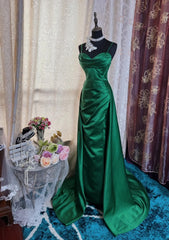 Elegant Green Prom Dress Spaghetti Straps Satin Sheath Long Evening Dress DP05283
