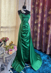 Elegant Green Prom Dress Spaghetti Straps Satin Sheath Long Evening Dress DP05283