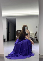 Chic Purple Prom Dress Spaghetti Straps Chiffon Sheath Long Evening Dress DP05284
