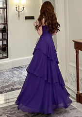 Chic Purple Prom Dress Spaghetti Straps Chiffon Sheath Long Evening Dress DP05284