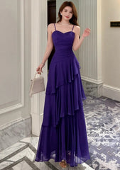 Chic Purple Prom Dress Spaghetti Straps Chiffon Sheath Long Evening Dress DP05284