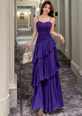 Chic Purple Prom Dress Spaghetti Straps Chiffon Sheath Long Evening Dress DP05284