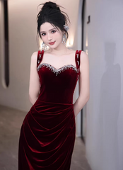 Chic Burgundy Prom Dress Spaghetti Straps Velvet Sheath Long Evening Dress DP05288