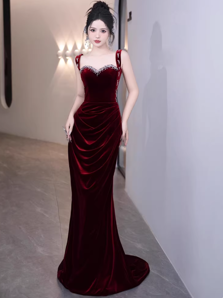 Chic Burgundy Prom Dress Spaghetti Straps Velvet Sheath Long Evening Dress DP05288