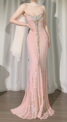 Chic Pink Prom Dress Spaghetti Straps  Chiffon Sequins Sheath Long Evening Dress DP05289